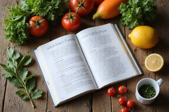Otwarta książka kucharska z przepisami na zdrową żywność na stole