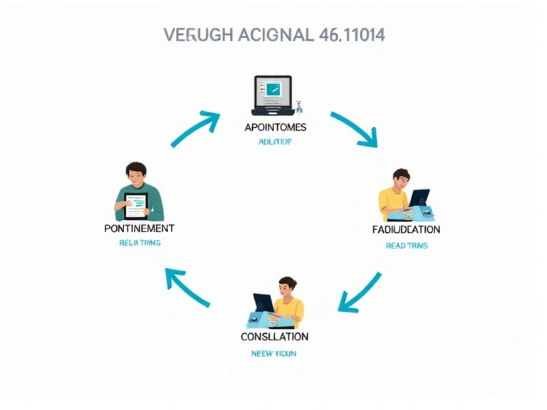 Schemat blokowy lub infografika ilustrująca kroki konsultacji online, z ikonami symbolizującymi wypełnianie formularza, potwierdzenie terminu i faktyczną konsultację, prosty i przejrzysty styl.