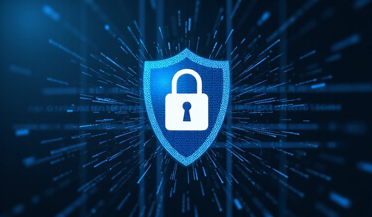 Abstrakcyjna grafika przedstawiająca bezpieczeństwo danych i prywatność, ikona kłódki, cyfrowa tarcza ochronna.