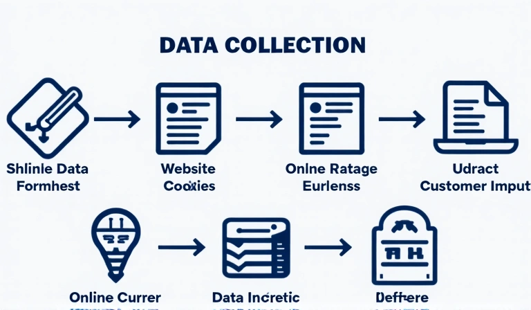 Diagram showing data collection methods, including forms, cookies, and direct input, flowing into a secure database.