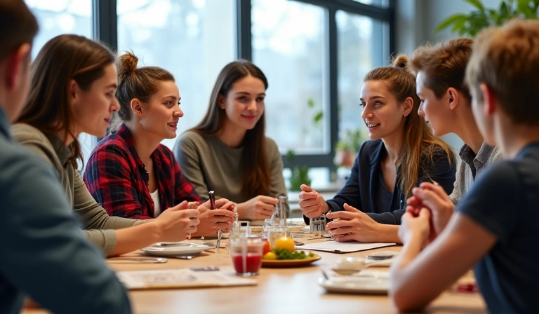 Grupa ludzi uczących się o żywieniu, prawdopodobnie na warsztatach